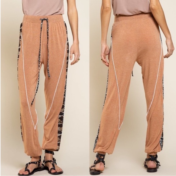 💝Boutique~ POL🐆Animal Print Trim Burnt Topaz Joggers - Picture 1 of 7